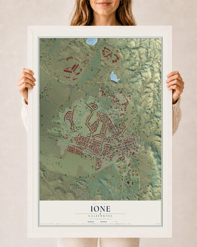 Map of Ione, California, 24 x 36 inch print in a white wood frame