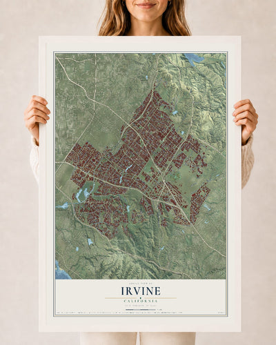 Map of Irvine, California, 24 x 36 inch print in a white wood frame