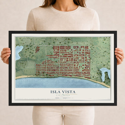 Map of Isla Vista, California, 12 x 18 inch print in a black wood frame