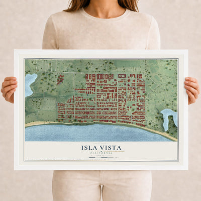 Map of Isla Vista, California, 12 x 18 inch print in a white wood frame