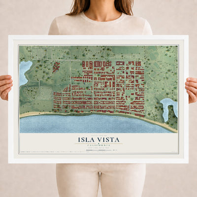 Map of Isla Vista, California, 18 x 24 inch print in a white wood frame