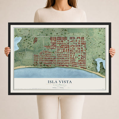 Map of Isla Vista, California, 24 x 36 inch print in a black wood frame