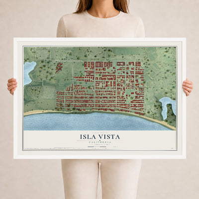 Map of Isla Vista, California, 24 x 36 inch print in a white wood frame