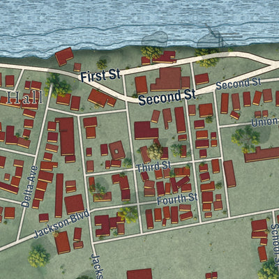 Close-up of the map of Isleton, California print showing street and building detail