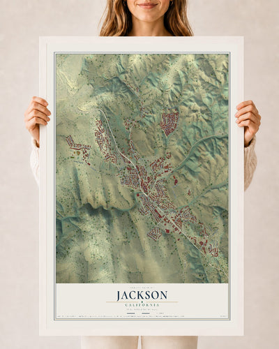Map of Jackson, California, 24 x 36 inch print in a white wood frame