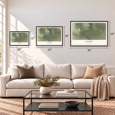 Jacumba, California map in 12 x 18, 18 x 24 and 24 x 36 inch sizes above a sofa