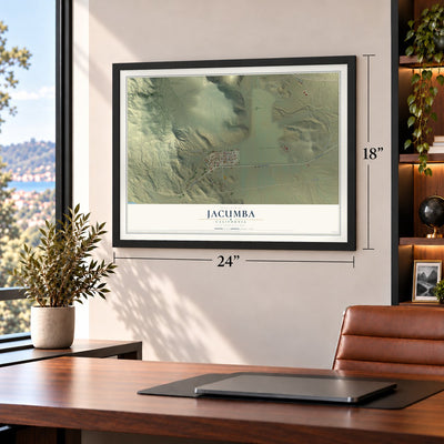 Jacumba, California map, 18 x 24 inch print in a black frame in a home office