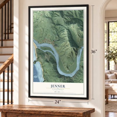 Jenner, California map, 24 x 36 inch print in a black frame by a staircase