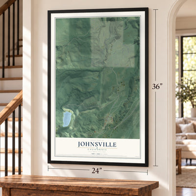 Johnsville, California map, 24 x 36 inch print in a black frame by a staircase