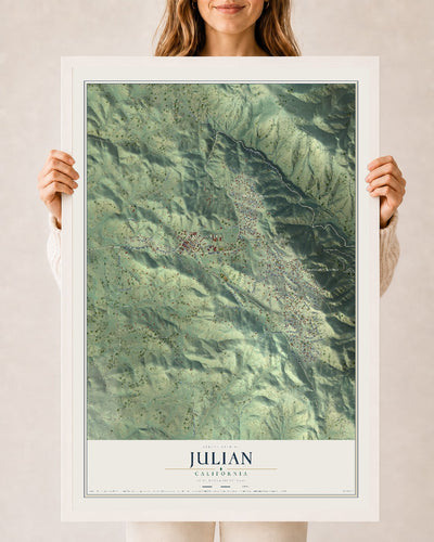 Map of Julian, California, 24 x 36 inch print in a white wood frame