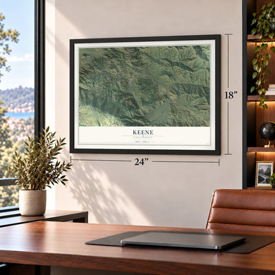 Keene, California map, 18 x 24 inch print in a black frame in a home office