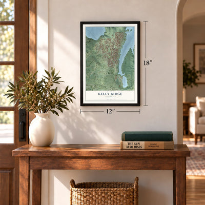 Kelly Ridge, California map, 12 x 18 inch print in a black frame in an entryway