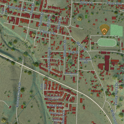 Close-up of the map of Kelseyville, California print showing street and building detail