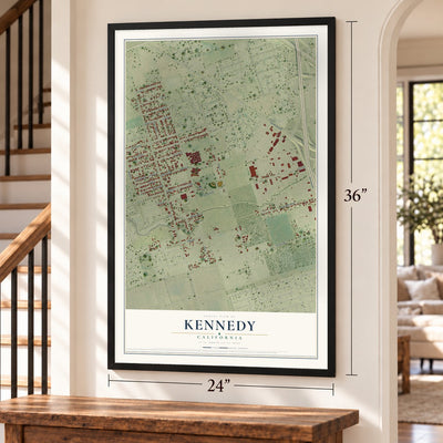 Kennedy, California map, 24 x 36 inch print in a black frame by a staircase