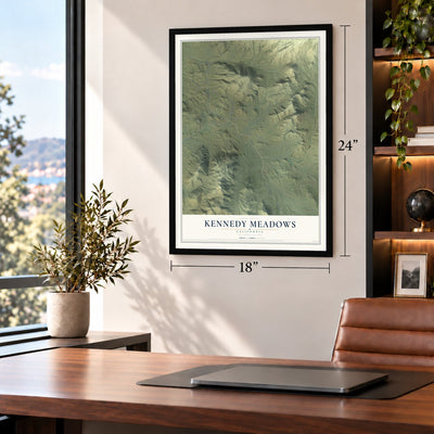 Kennedy Meadows, California map, 18 x 24 inch print in a black frame in a home office