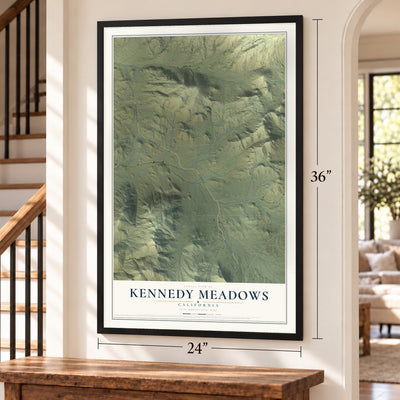 Kennedy Meadows, California map, 24 x 36 inch print in a black frame by a staircase