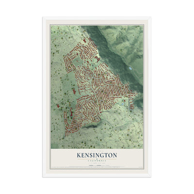 Map of Kensington, California, 12 x 18 inch print in a white wood frame