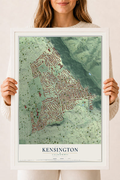 Map of Kensington, California, 18 x 24 inch print in a white wood frame