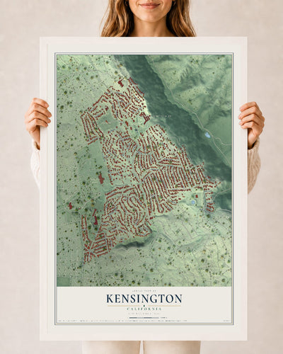 Map of Kensington, California, 24 x 36 inch print in a white wood frame
