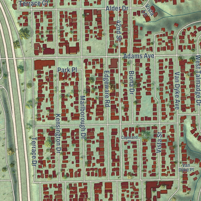 Close-up of the map of Kensington-Talmadge, California print showing street and building detail