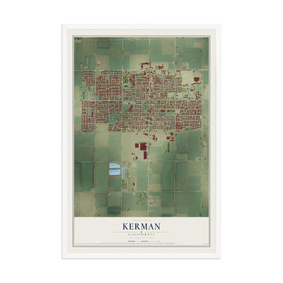 Map of Kerman, California, 12 x 18 inch print in a white wood frame
