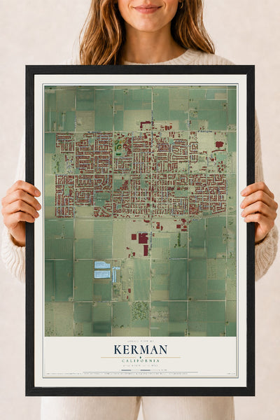 Map of Kerman, California, 18 x 24 inch print in a black wood frame