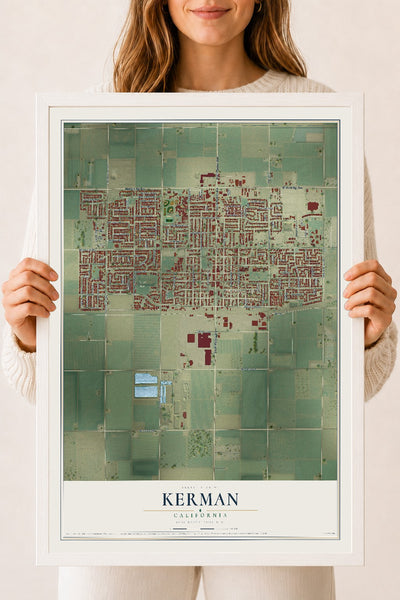 Map of Kerman, California, 18 x 24 inch print in a white wood frame