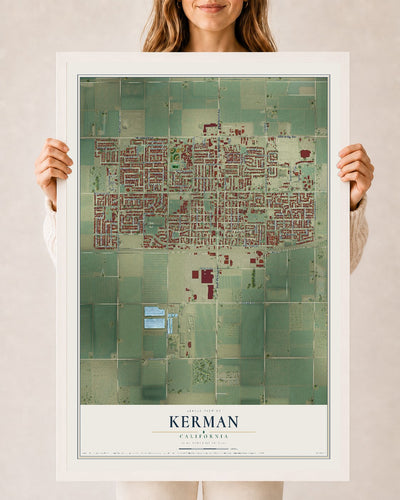 Map of Kerman, California, 24 x 36 inch print in a white wood frame