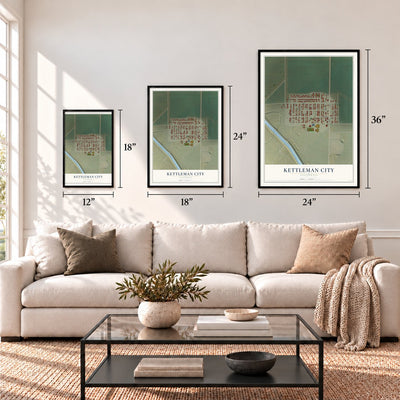 Kettleman City, California map in 12 x 18, 18 x 24 and 24 x 36 inch sizes above a sofa