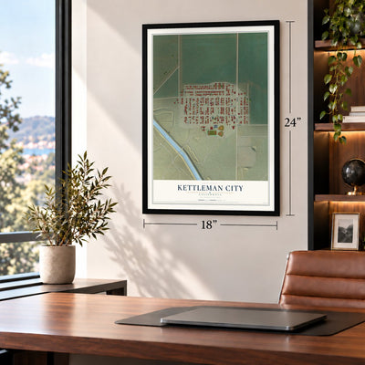 Kettleman City, California map, 18 x 24 inch print in a black frame in a home office