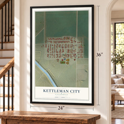 Kettleman City, California map, 24 x 36 inch print in a black frame by a staircase