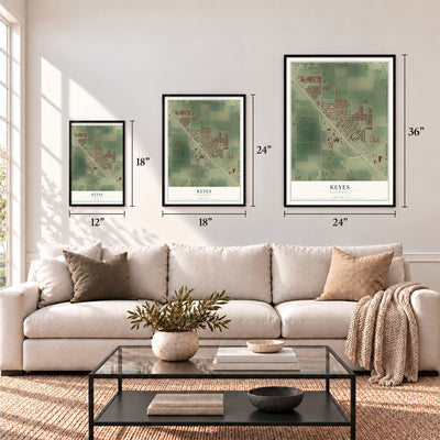 Keyes, California map in 12 x 18, 18 x 24 and 24 x 36 inch sizes above a sofa
