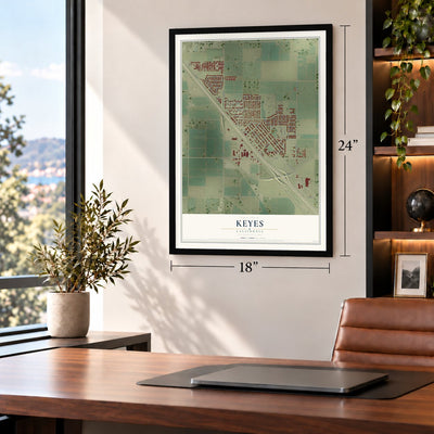 Keyes, California map, 18 x 24 inch print in a black frame in a home office