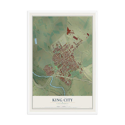 Map of King City, California, 12 x 18 inch print in a white wood frame