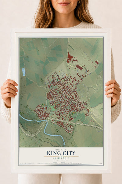 Map of King City, California, 18 x 24 inch print in a white wood frame