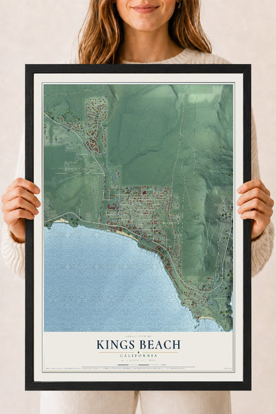 Map of Kings Beach, California, 18 x 24 inch print in a black wood frame