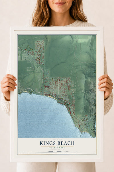 Map of Kings Beach, California, 18 x 24 inch print in a white wood frame
