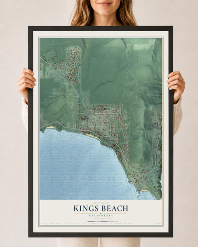 Map of Kings Beach, California, 24 x 36 inch print in a black wood frame