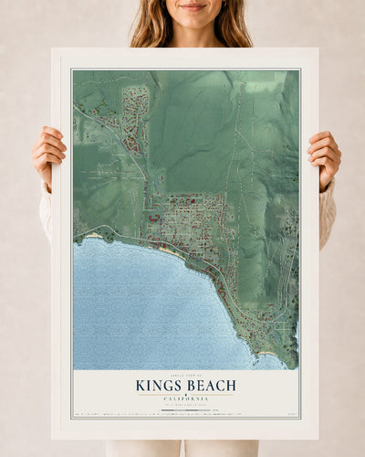 Map of Kings Beach, California, 24 x 36 inch print in a white wood frame