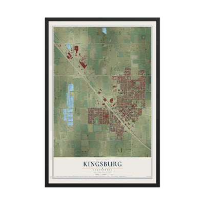 Map of Kingsburg, California, 12 x 18 inch print in a black wood frame