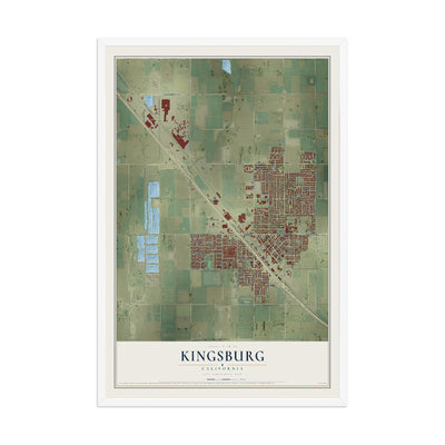 Map of Kingsburg, California, 12 x 18 inch print in a white wood frame