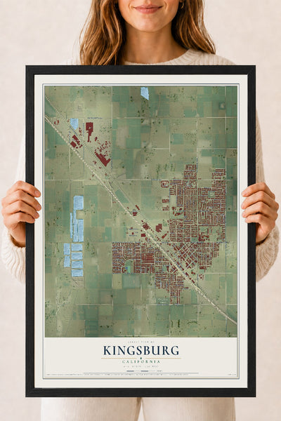 Map of Kingsburg, California, 18 x 24 inch print in a black wood frame