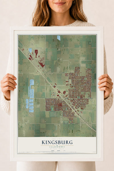Map of Kingsburg, California, 18 x 24 inch print in a white wood frame