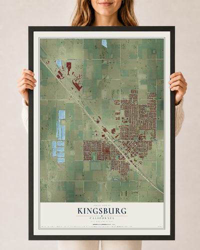 Map of Kingsburg, California, 24 x 36 inch print in a black wood frame