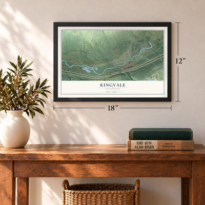 Kingvale, California map, 12 x 18 inch print in a black frame in an entryway