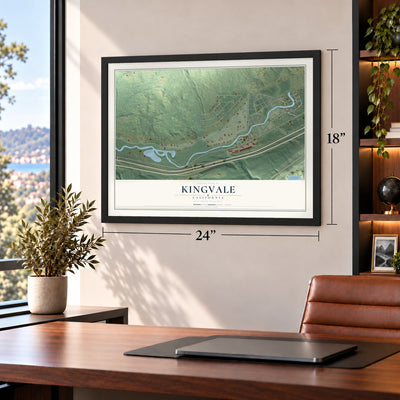 Kingvale, California map, 18 x 24 inch print in a black frame in a home office