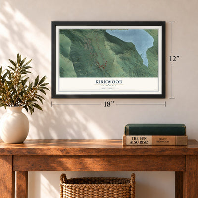 Kirkwood, California map, 12 x 18 inch print in a black frame in an entryway