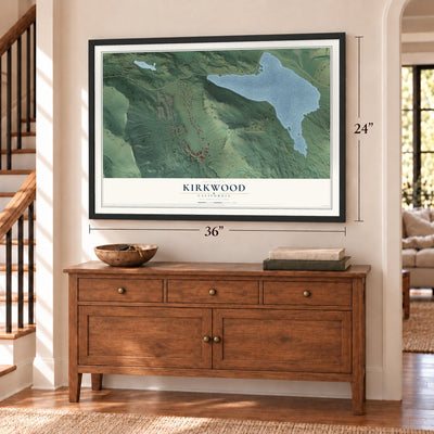 Kirkwood, California map, 24 x 36 inch print in a black frame above a dresser by a staircase