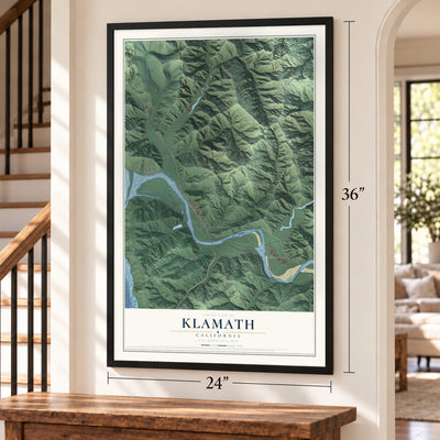 Klamath, California map, 24 x 36 inch print in a black frame by a staircase