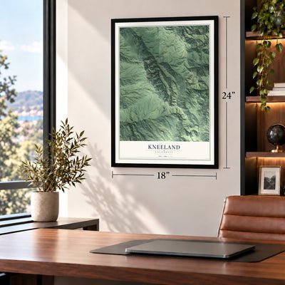 Kneeland, California map, 18 x 24 inch print in a black frame in a home office